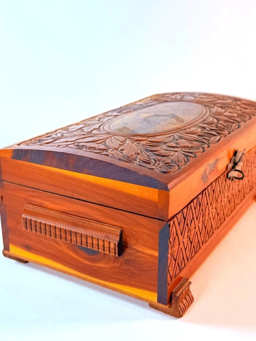 Vintage Wooden Keepsake Box w/ Mirror Floral Carved Jewelry Trinket Storage Box
